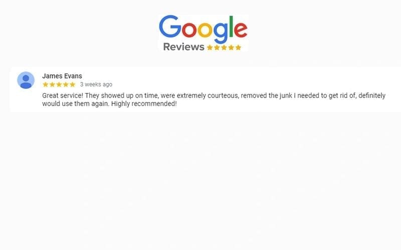 A Google Reviews page featuring a customer's review on the best junk removal service.