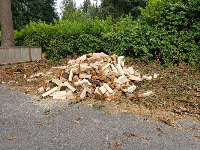 A pile of wood for trash removal on the side of the road in WA.