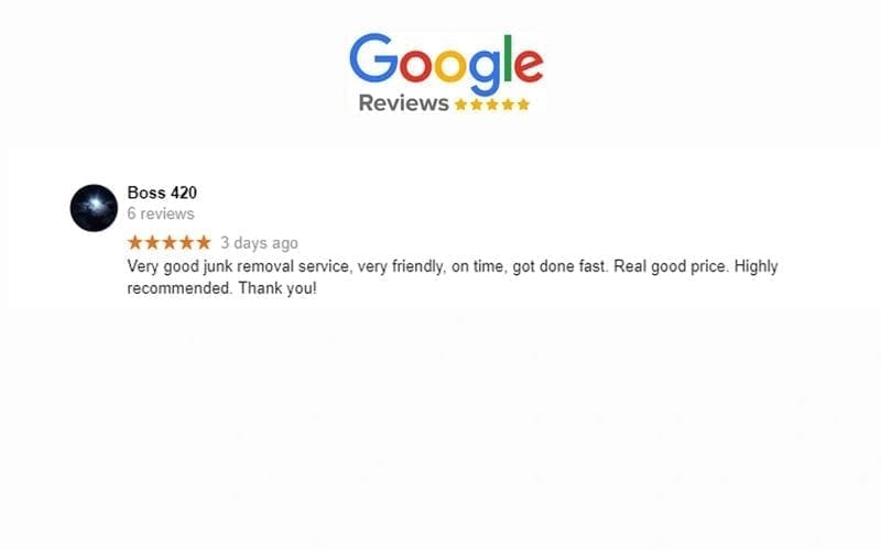 A Google review page with a five star rating for the best junk removal service.